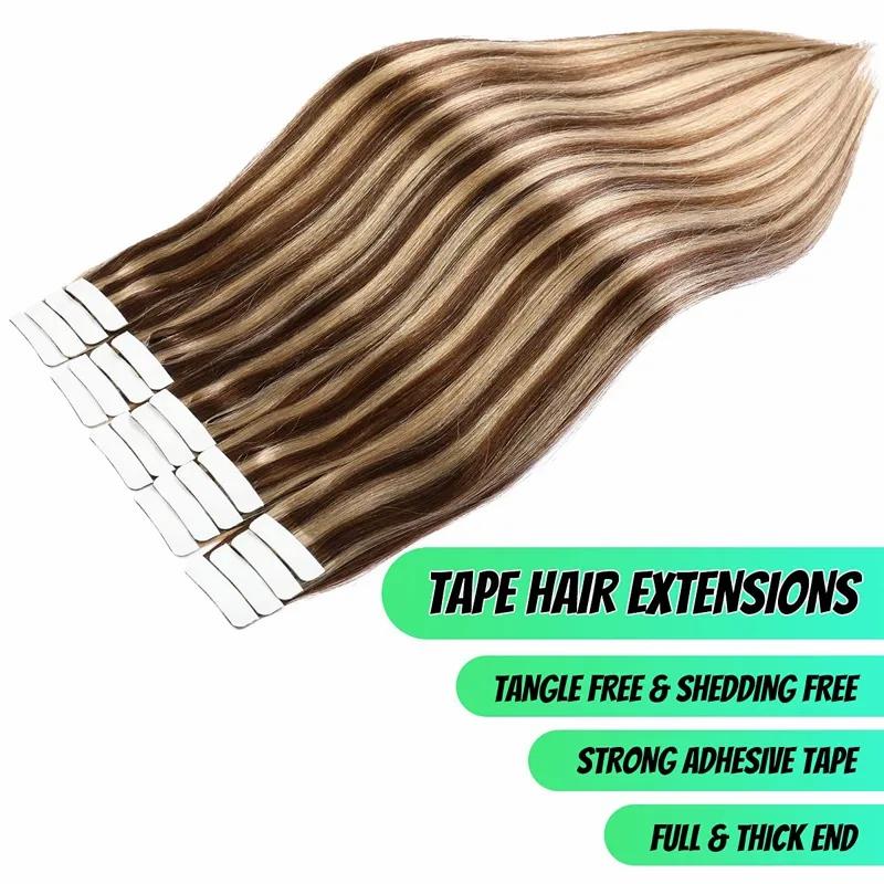 Hair Extensions | Ali Magic Tape In Hair Extensions Human Hair Color Dark Brown #4 Highlights #27 Strawberry Blonde Real Human Hair Extensions Tape In Silky Straight P4 27 Hair Extensions Hair Extensions