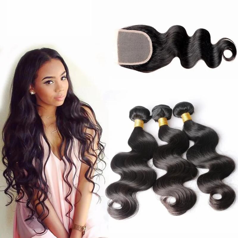 Hair Extensions | Brazilian Body Wave Human Hair 3 Bundles With Closures Natural Black Color Hair Extensions Hair Extensions