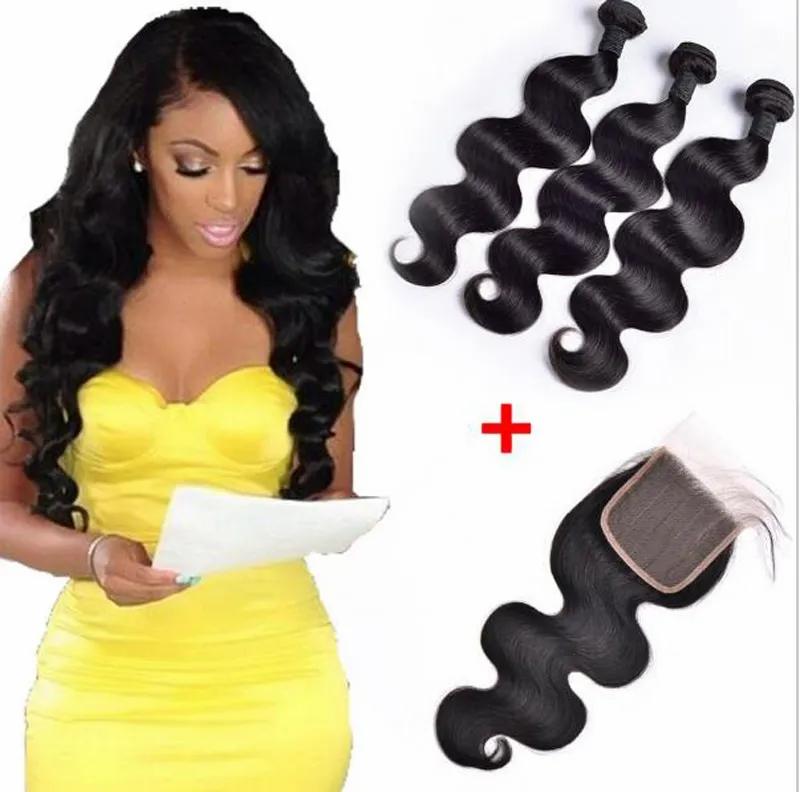 Hair Extensions | Brazilian Straight Human Hair Weaves Extensions 3 Bundles With Closure Free Middle 3 Part Double Weft Dyeable Bleachable 100G/Pc Hair Extensions Hair Extensions