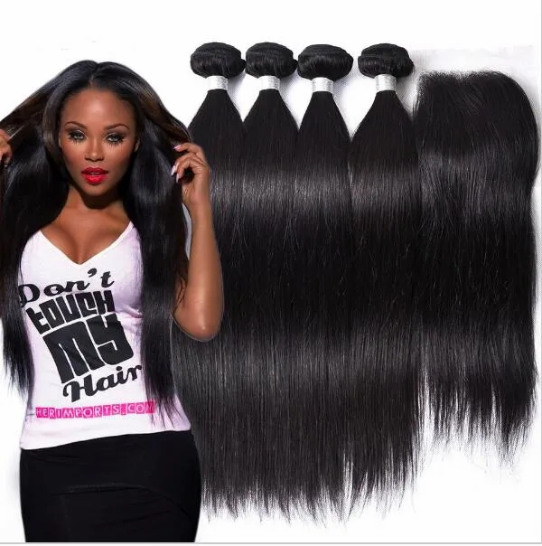 Hair Extensions | Brazilian Straight Human Hair Weaves Extensions 3 Bundles With Closure Free Middle 3 Part Double Weft Dyeable Bleachable 100G/Pc Hair Extensions Hair Extensions