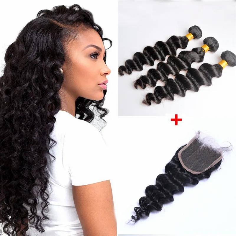 Hair Extensions | Brazilian Straight Human Hair Weaves Extensions 3 Bundles With Closure Free Middle 3 Part Double Weft Dyeable Bleachable 100G/Pc Hair Extensions Hair Extensions