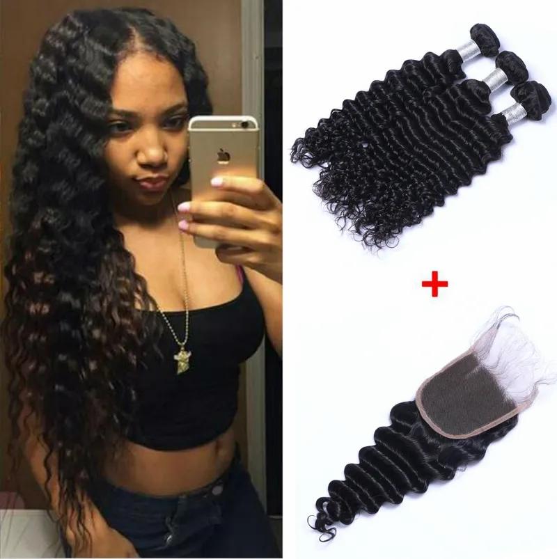 Hair Extensions | Brazilian Straight Human Hair Weaves Extensions 3 Bundles With Closure Free Middle 3 Part Double Weft Dyeable Bleachable 100G/Pc Hair Extensions Hair Extensions