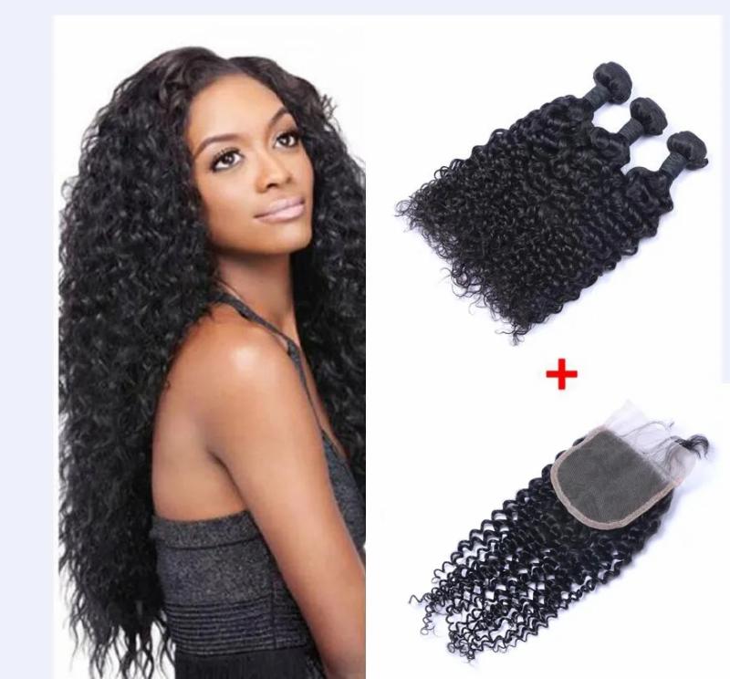 Hair Extensions | Brazilian Straight Human Hair Weaves Extensions 3 Bundles With Closure Free Middle 3 Part Double Weft Dyeable Bleachable 100G/Pc Hair Extensions Hair Extensions