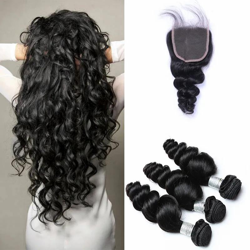 Hair Extensions | Brazilian Straight Human Hair Weaves Extensions 3 Bundles With Closure Free Middle 3 Part Double Weft Dyeable Bleachable 100G/Pc Hair Extensions Hair Extensions