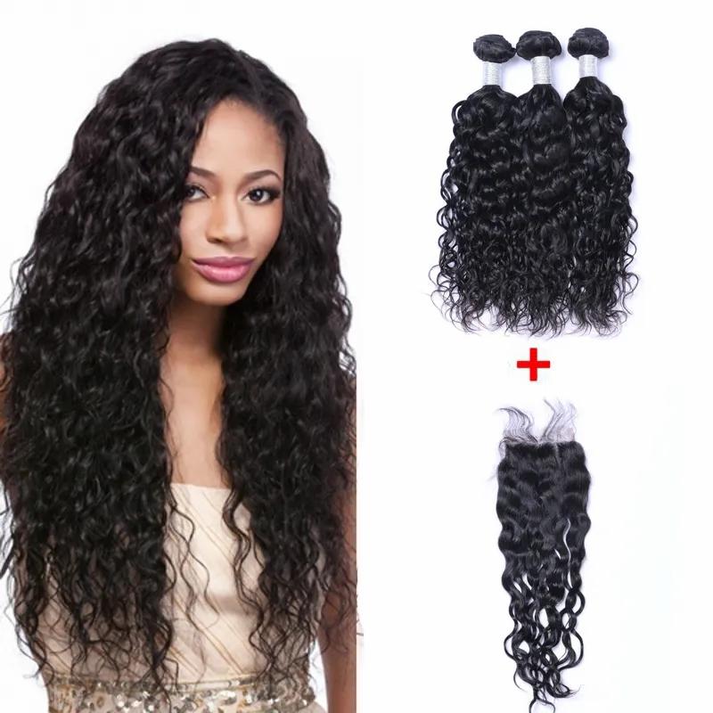 Hair Extensions | Brazilian Straight Human Hair Weaves Extensions 3 Bundles With Closure Free Middle 3 Part Double Weft Dyeable Bleachable 100G/Pc Hair Extensions Hair Extensions