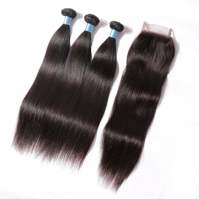 Hair Extensions | Brazilian Straight Human Virgin Hair Weaves With 4X4 Lace Closure Bleached Knots 100G/Pc Natural Black Color 1B Double Wefts Hair Extensions Hair Extensions Hair Extensions