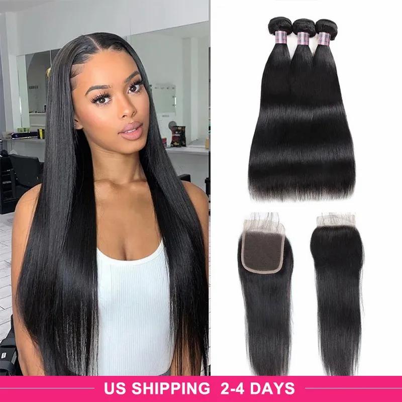 Hair Extensions | Ishow 9A Human Hair Bundles With Lace Closure 8-28Inch Water Curly Body Virgin Hair Extensions Deep Loose 3/4Pcs Straight For Women Natural Black Wefts Weave Hair Extensions Hair Extensions