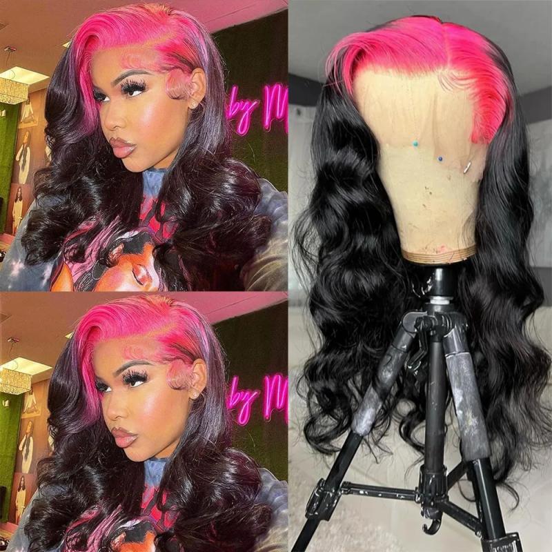 Hair Wigs | 180% Density Black Pink Highlight Human Hair Wigs 13X4 Body Wave Lace Front Wig Hd Transparent Lace Synthetic Preplucked Hair Wigs 613 Blonde Color