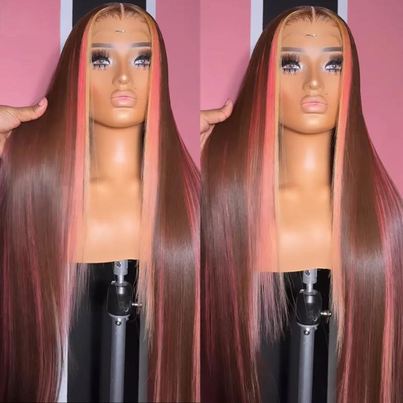 Hair Wigs | 180Density Brazilian Colored Pink Brown 360 Lace Frontal Wig Bone Straight Highlight Lace Front Wig For Women Hd Transparent Synthetic Wig Preplucked Hair Wigs Blonde