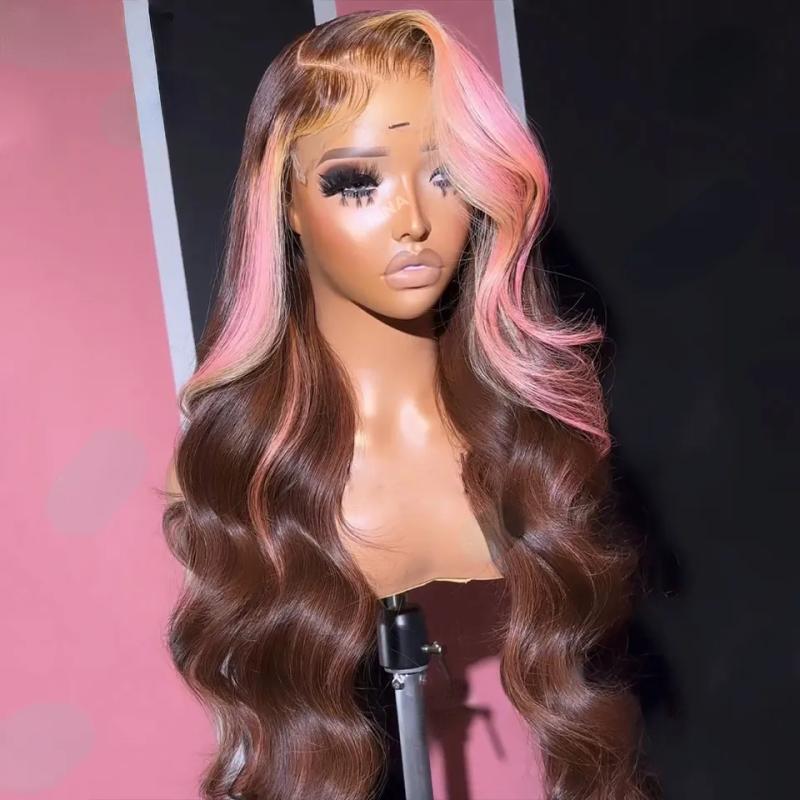 Hair Wigs | 180Density Brazilian Colored Pink Brown 360 Lace Frontal Wig Bone Straight Highlight Lace Front Wig For Women Hd Transparent Synthetic Wig Preplucked Hair Wigs Blonde