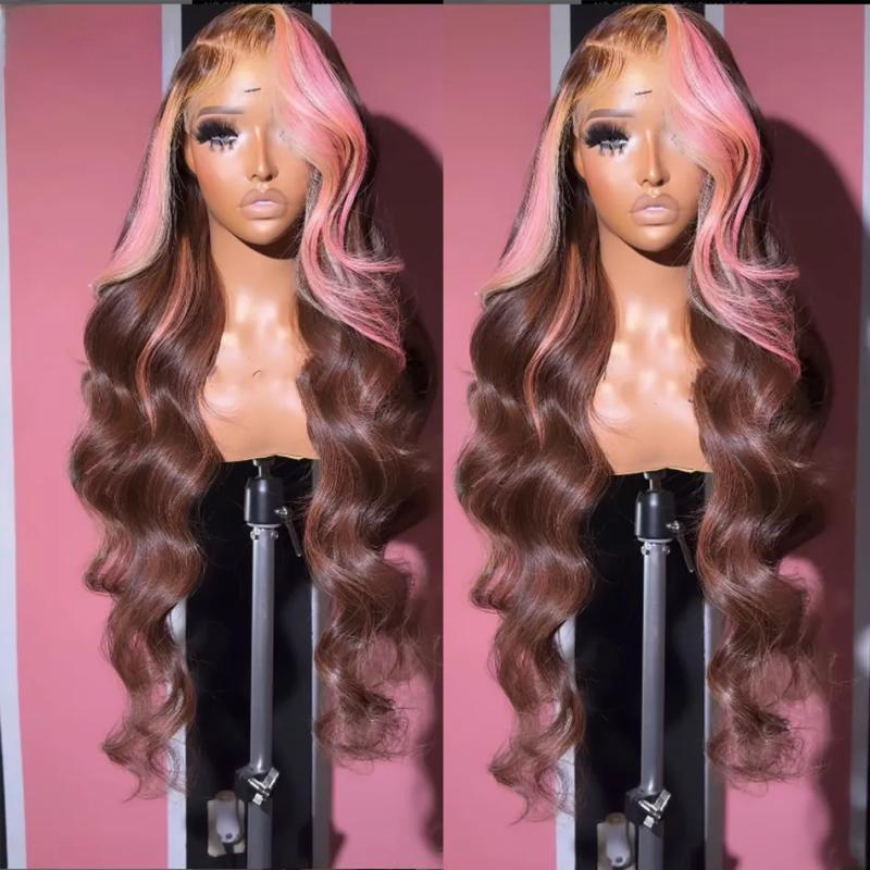 Hair Wigs | 180Density Brazilian Colored Pink Brown 360 Lace Frontal Wig Bone Straight Highlight Lace Front Wig For Women Hd Transparent Synthetic Wig Preplucked Hair Wigs Blonde