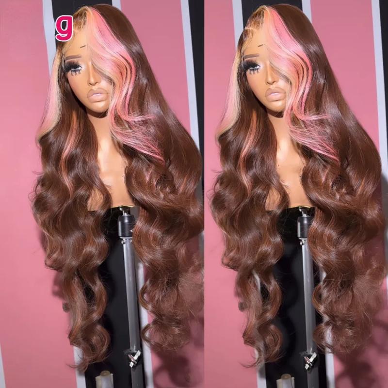 Hair Wigs | 180Density Brazilian Colored Pink Brown 360 Lace Frontal Wig Bone Straight Highlight Lace Front Wig For Women Hd Transparent Synthetic Wig Preplucked Hair Wigs Blonde