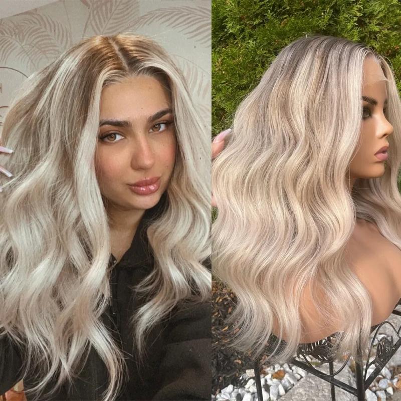 Hair Wigs | 180Density Highlight Ash Blonde Root Lace Front Human Hair Wig 40Inches Water Wave Lace Front Wig Hd Invisible Full Lace Synthetic Wig For Women Hair Wigs 613 Blonde Color