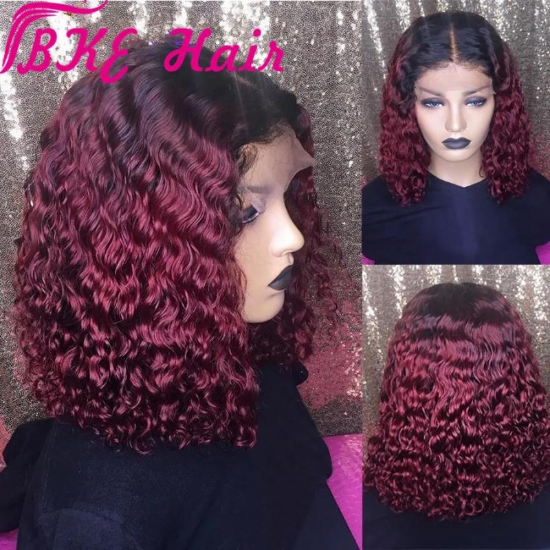 Hair Wigs | 1B/Blonde Ombre Short Kinky Curly Simulation Human Hair Wigs Pre Plucked Black /Burgundy Red Synthetic Lace Front Bob Wig Heat Resistant Hair Wigs black