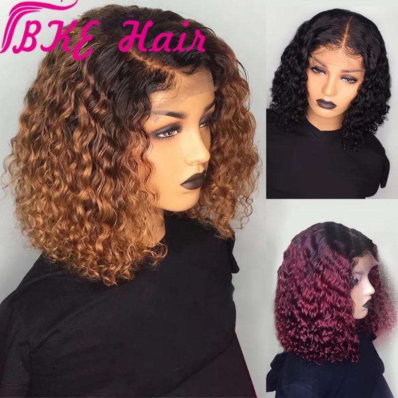 Hair Wigs | 1B/Blonde Ombre Short Kinky Curly Simulation Human Hair Wigs Pre Plucked Black /Burgundy Red Synthetic Lace Front Bob Wig Heat Resistant Hair Wigs black