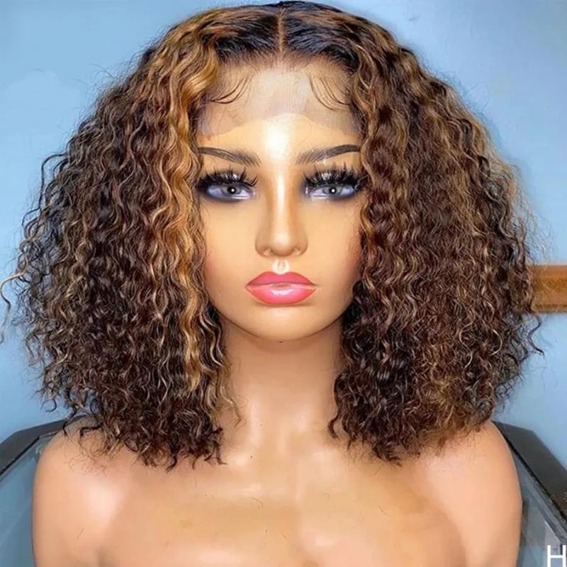 Hair Wigs | 1B/Blonde Ombre Short Kinky Curly Simulation Human Hair Wigs Pre Plucked Black /Burgundy Red Synthetic Lace Front Bob Wig Heat Resistant Hair Wigs black