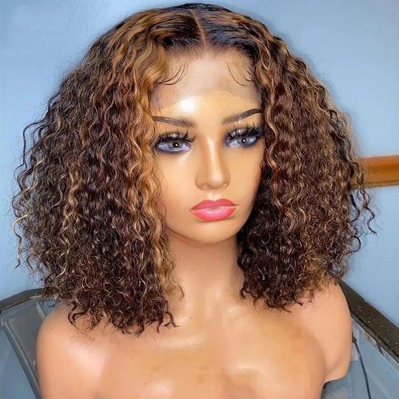 Hair Wigs | 1B/Blonde Ombre Short Kinky Curly Simulation Human Hair Wigs Pre Plucked Black /Burgundy Red Synthetic Lace Front Bob Wig Heat Resistant Hair Wigs black