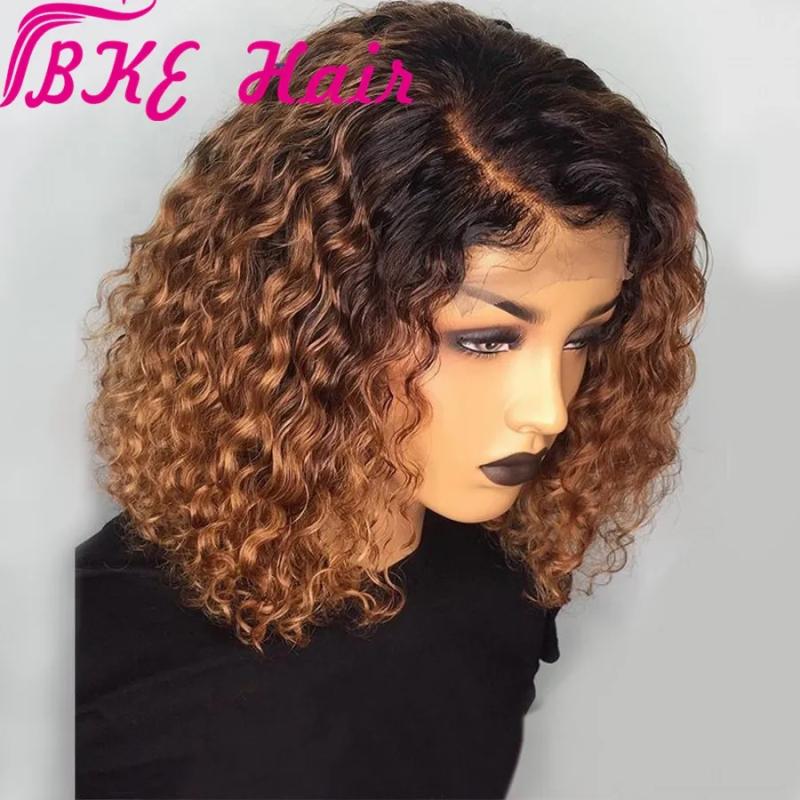 Hair Wigs | 1B/Blonde Ombre Short Kinky Curly Simulation Human Hair Wigs Pre Plucked Black /Burgundy Red Synthetic Lace Front Bob Wig Heat Resistant Hair Wigs black