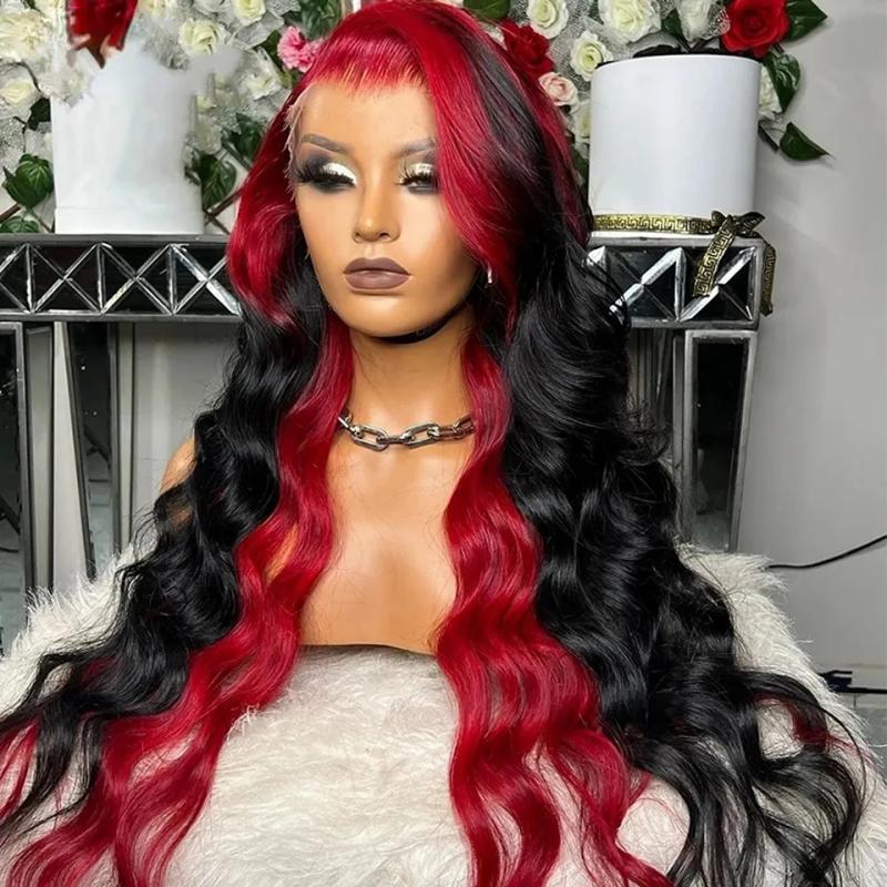 Hair Wigs | 34 Inches Perivian Hd Lace Front Wig Red Ombre Black Body Wave Lace Frontal Wig Colored Highlight Wig Synthetic Preplucked Hair Wigs 613 Blonde Color