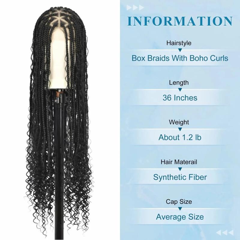 Hair Wigs | 360Full Double Lace Front Triangle Knotless Box Braided Wigs With Boho Curls Ends Box Braids Wig With Baby Hair Hair Wigs 40inhes