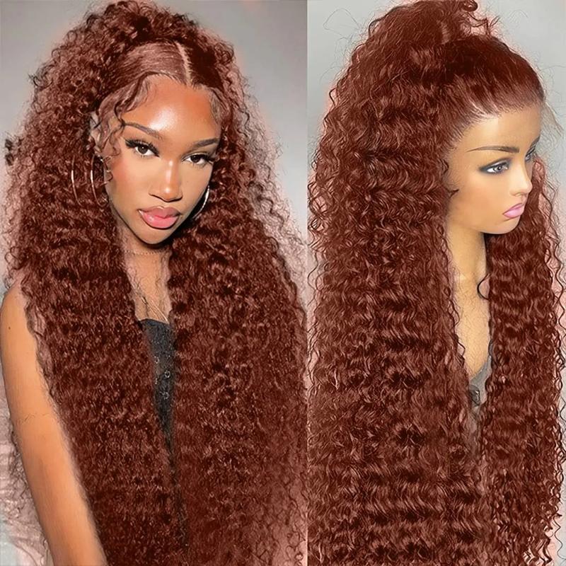 Hair Wigs | 40 Inch Brazilian Glueless Reddish Brown Deep Wave Frontal Wig 250 Density Copper Red Curly Simulation Human Hair Wig 13X4 Hd Lace Frontal Wig Hair Wigs #27 Color