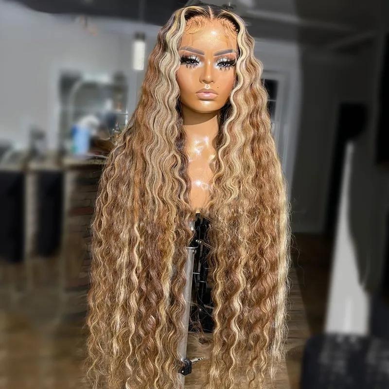 Hair Wigs | 40Inches Long Brazilian Hair Highlight Brown Blonde Deep Wave Lace Frontal Wig Pre-Plucked Honey Blonde Lace Front Wigs For Women Synthetic Heat Resistant Mixed Hair Wigs 1