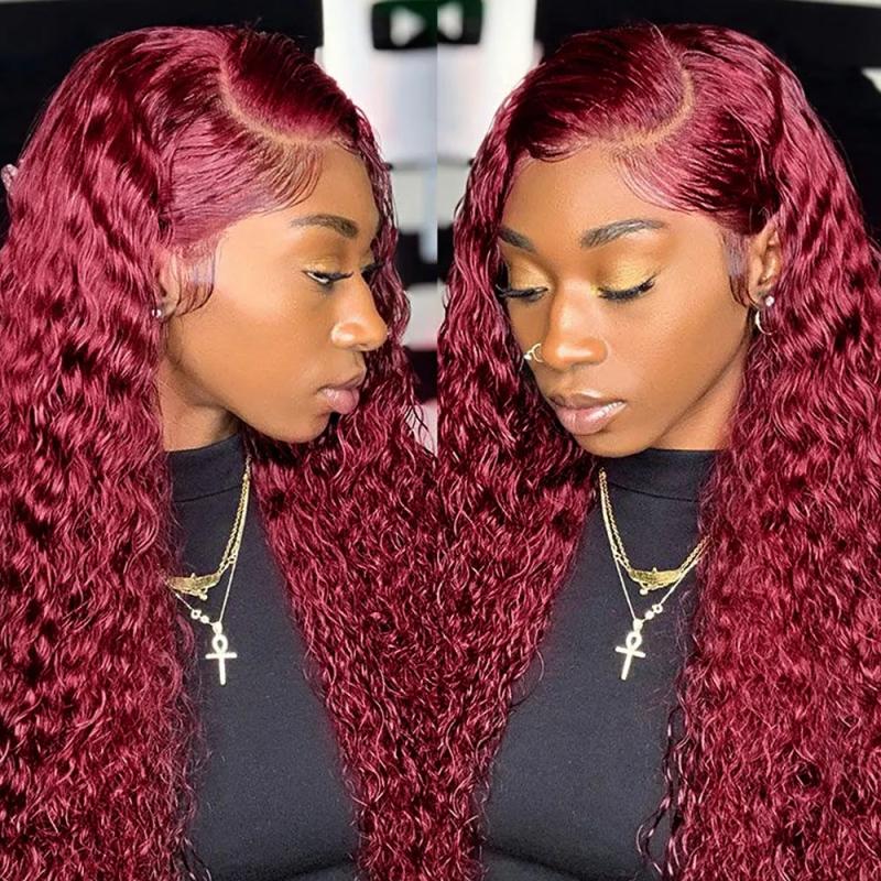 Hair Wigs | 99J Burgundy 13X4 Hd Lace Water Wave Frontal Wigs Human Hair Glueless Red Colored Brazilian Wigs 36 Inch Deep Wave Wig Hair Wigs 613 Blonde Color