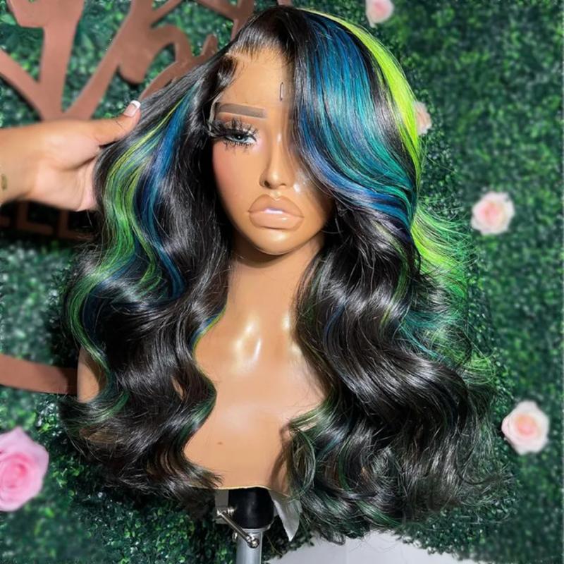 Hair Wigs | Blue Green Highlight Black 13X4 Glueless Body Wave Colored Human Hair Wigs Pre Plucked Hd Synthetic Lace Frontal Wigs For Black Women Hair Wigs 613 Blonde Color