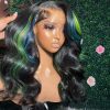 Hair Wigs | Blue Green Highlight Black 13X4 Glueless Body Wave Colored Human Hair Wigs Pre Plucked Hd Synthetic Lace Frontal Wigs For Black Women Hair Wigs 613 Blonde Color