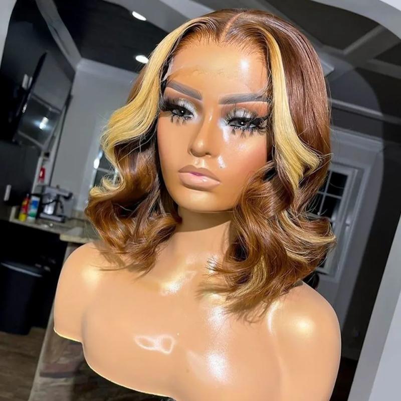 Hair Wigs | Brazilian Brown With Blonde 13X4 Short Bob Body Wave Lace Frontal Wig Preplucked 180 Density Short Bob Simulation Human Hair Wigs For Women Hair Wigs 613 Blonde Color