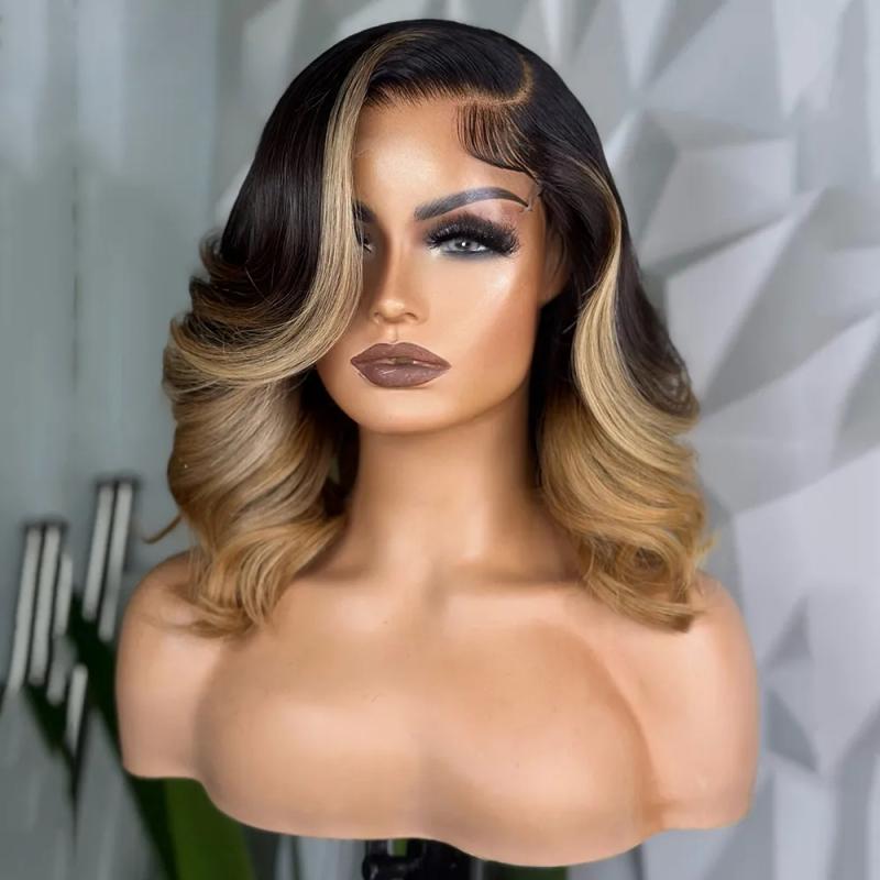 Hair Wigs | Brazilian Brown With Blonde 13X4 Short Bob Body Wave Lace Frontal Wig Preplucked 180 Density Short Bob Simulation Human Hair Wigs For Women Hair Wigs 613 Blonde Color