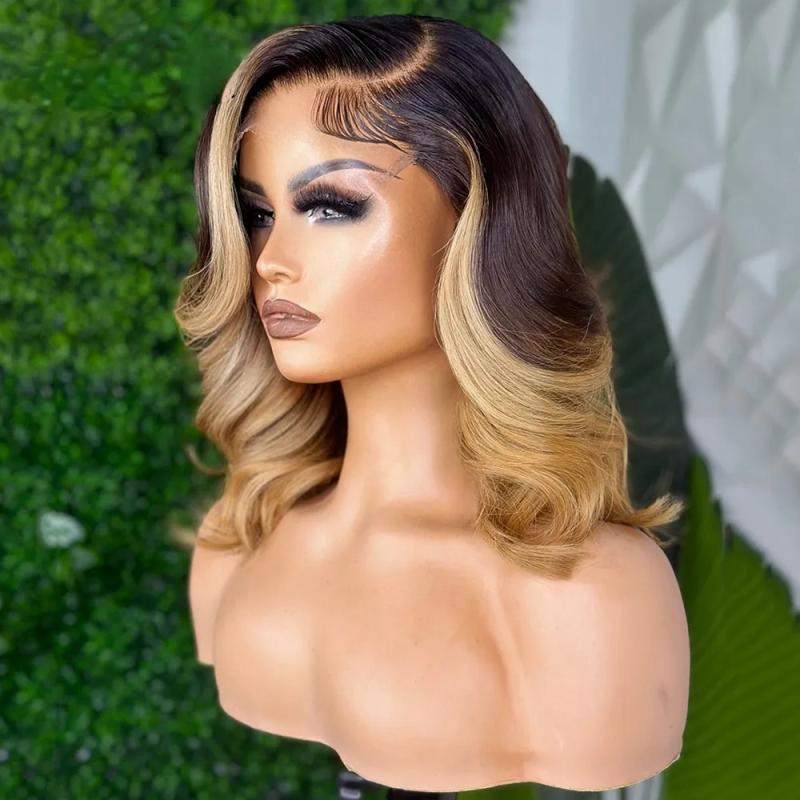 Hair Wigs | Brazilian Brown With Blonde 13X4 Short Bob Body Wave Lace Frontal Wig Preplucked 180 Density Short Bob Simulation Human Hair Wigs For Women Hair Wigs 613 Blonde Color