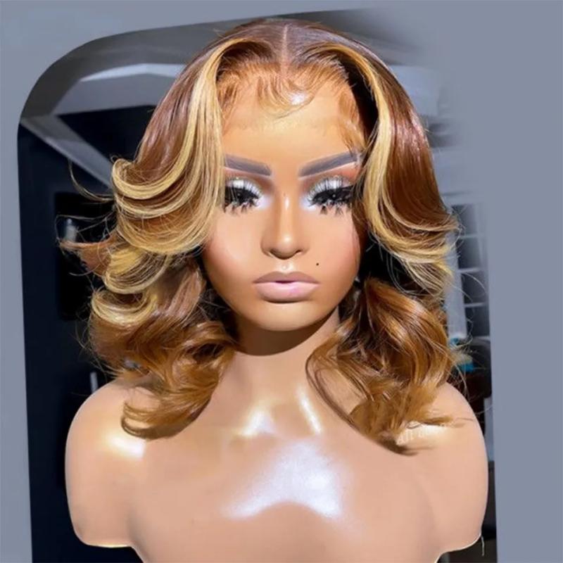 Hair Wigs | Brazilian Brown With Blonde 13X4 Short Bob Body Wave Lace Frontal Wig Preplucked 180 Density Short Bob Simulation Human Hair Wigs For Women Hair Wigs 613 Blonde Color