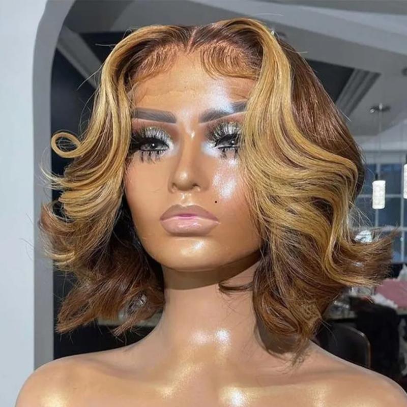 Hair Wigs | Brazilian Brown With Blonde 13X4 Short Bob Body Wave Lace Frontal Wig Preplucked 180 Density Short Bob Simulation Human Hair Wigs For Women Hair Wigs 613 Blonde Color