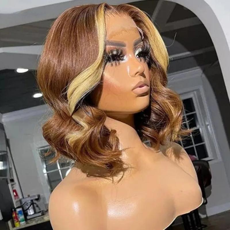 Hair Wigs | Brazilian Brown With Blonde 13X4 Short Bob Body Wave Lace Frontal Wig Preplucked 180 Density Short Bob Simulation Human Hair Wigs For Women Hair Wigs 613 Blonde Color