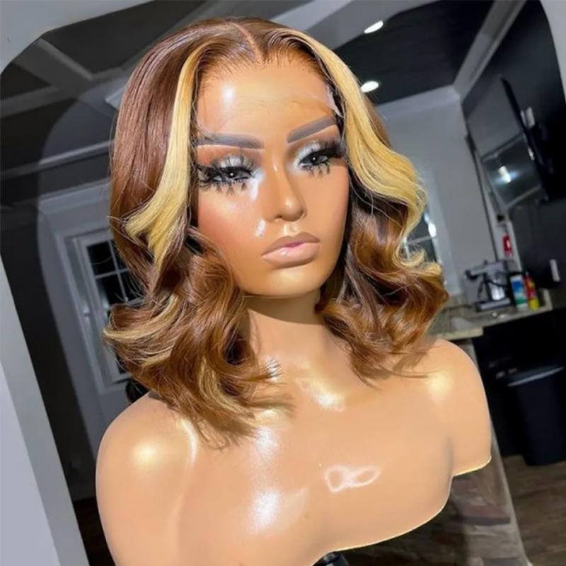 Hair Wigs | Brazilian Brown With Blonde 13X4 Short Bob Body Wave Lace Frontal Wig Preplucked 180 Density Short Bob Simulation Human Hair Wigs For Women Hair Wigs 613 Blonde Color