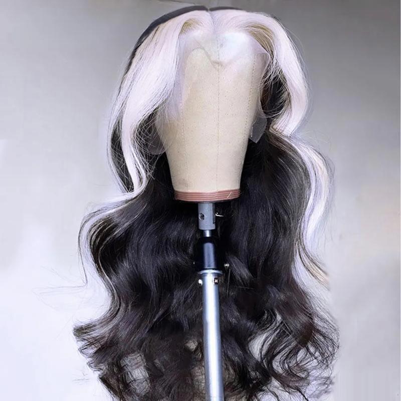 Hair Wigs | Brazilian Hair Black White Skunk Stripe Highlight Wig 30 Inch Body Wave Lace Front Wig 13X4 Ombre Colored Lace Front Simulation Human Hair Wigs For Women Hair Wigs 613 Blonde Color