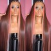 Hair Wigs | Brazilian Highlight Pink Brown Straight Lace Closure Wigs Human Hair For Black Women Transparent 13X4 Straight Synthetic Lace Frontal Wig Hair Wigs 613 Color