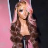 Hair Wigs | Brazilian Highlight Pink Brown Straight Lace Closure Wigs Human Hair For Black Women Transparent 13X4 Straight Synthetic Lace Frontal Wig Hair Wigs 613 Color