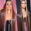 Hair Wigs | Brazilian Highlight Pink Brown Straight Lace Closure Wigs Human Hair For Black Women Transparent 13X4 Straight Synthetic Lace Frontal Wig Hair Wigs 613 Color