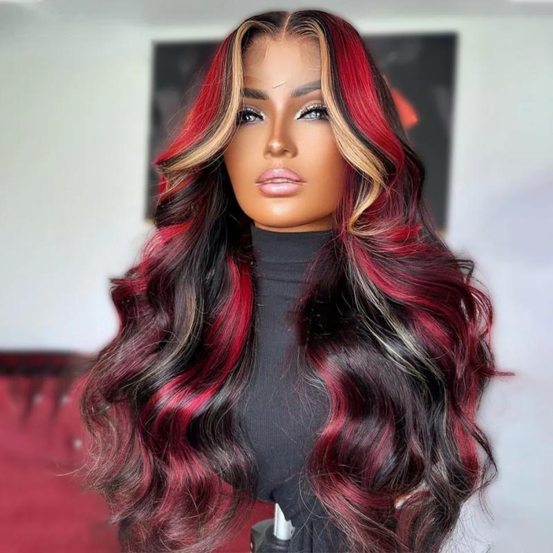 Hair Wigs | Brazilian Human Hair Highlight Blonde Wig Piano Red Colored Body Wave Lace Front Wig 13X4 Synthetic Lace Frontal Wig Natural Hairline Hair Wigs 613 Blonde Color