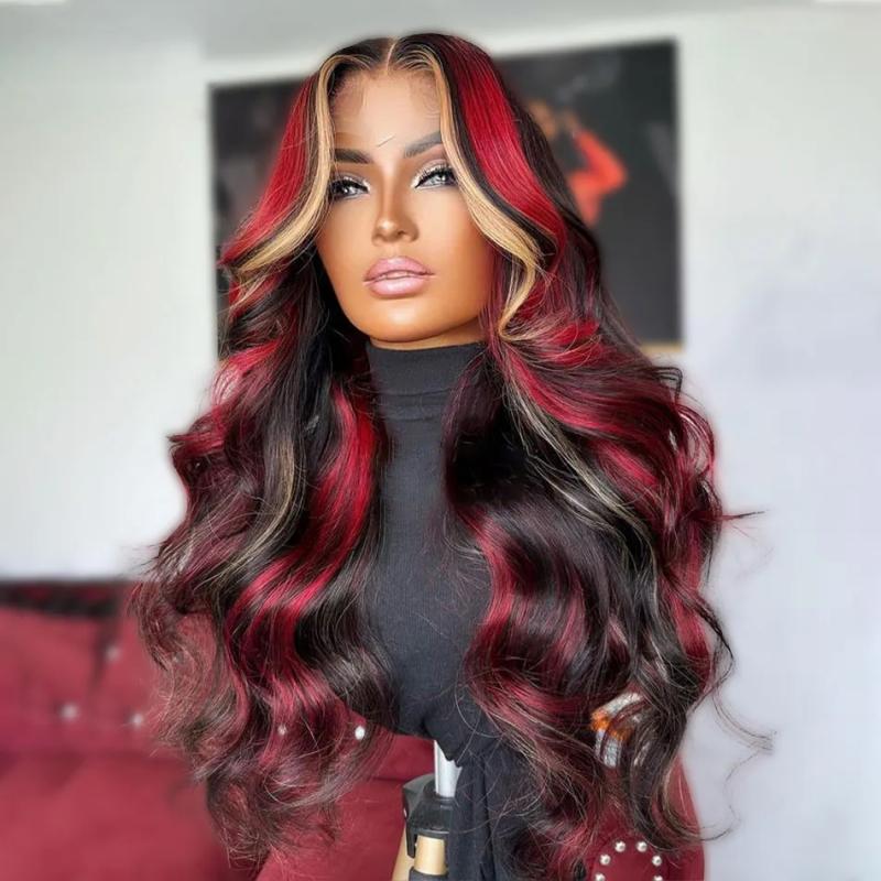 Hair Wigs | Brazilian Human Hair Highlight Blonde Wig Piano Red Colored Body Wave Lace Front Wig 13X4 Synthetic Lace Frontal Wig Natural Hairline Hair Wigs 613 Blonde Color