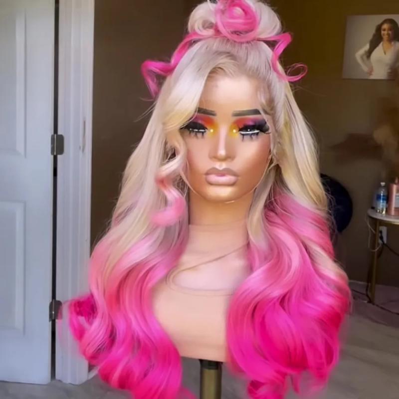 Hair Wigs | Brazilian Ombre Blonde Pink Lace Front Wigs Preplucked Body Wave 13X4 Hd Transparent Synthetic Lace Wig Cosplay Hair Wigs Auburn