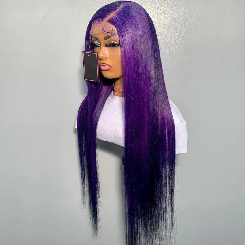 Hair Wigs | Brazilian Purple Colored Lace Front Wig Human Hair 180Density 13X4 Hd Transparent Lace Frontal Wig Straight Cosplay Wigs Natural Hairline Hair Wigs 1