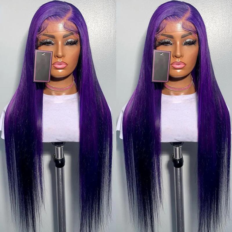 Hair Wigs | Brazilian Purple Colored Lace Front Wig Human Hair 180Density 13X4 Hd Transparent Lace Frontal Wig Straight Cosplay Wigs Natural Hairline Hair Wigs 1