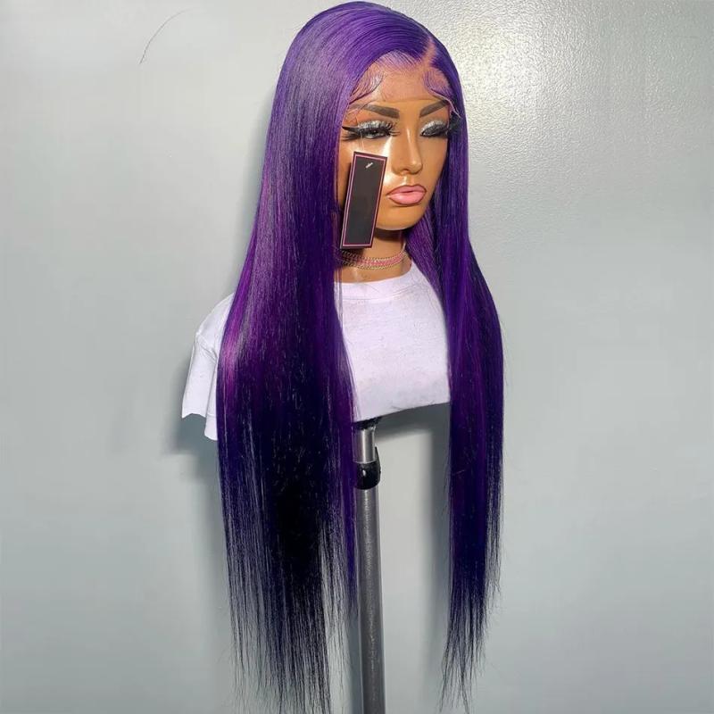 Hair Wigs | Brazilian Purple Colored Lace Front Wig Human Hair 180Density 13X4 Hd Transparent Lace Frontal Wig Straight Cosplay Wigs Natural Hairline Hair Wigs 1