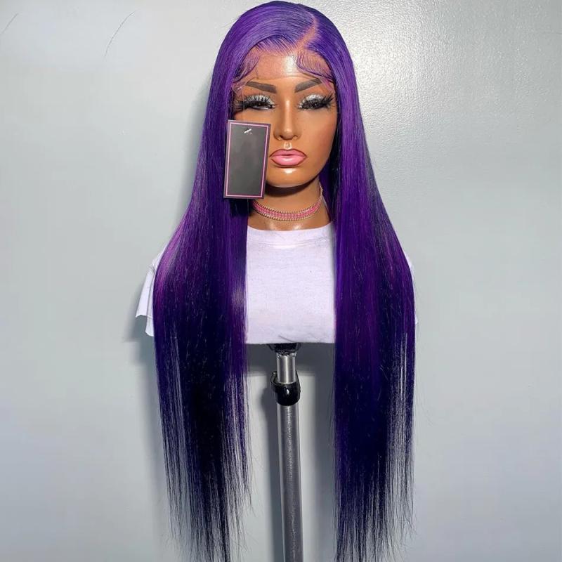 Hair Wigs | Brazilian Purple Colored Lace Front Wig Human Hair 180Density 13X4 Hd Transparent Lace Frontal Wig Straight Cosplay Wigs Natural Hairline Hair Wigs 1