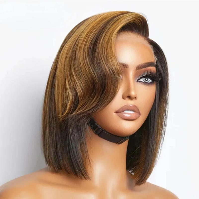 Hair Wigs | Brazilian Straight Short Bob Wigs Curly Styled Bangs Lace Frontal Human Hair Wigs Ombre Honey Blonde Colored Lace Frontal Wig Preplucked Hair Wigs black