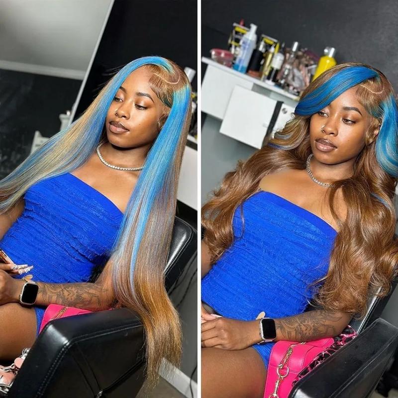 Hair Wigs | Brown With Blue Highlights Lace Front Wig Colored Straight Body Wave Human Hair Wigs For Women Pre Plucked Transparent Lace Wig Hair Wigs 613 Blonde Color