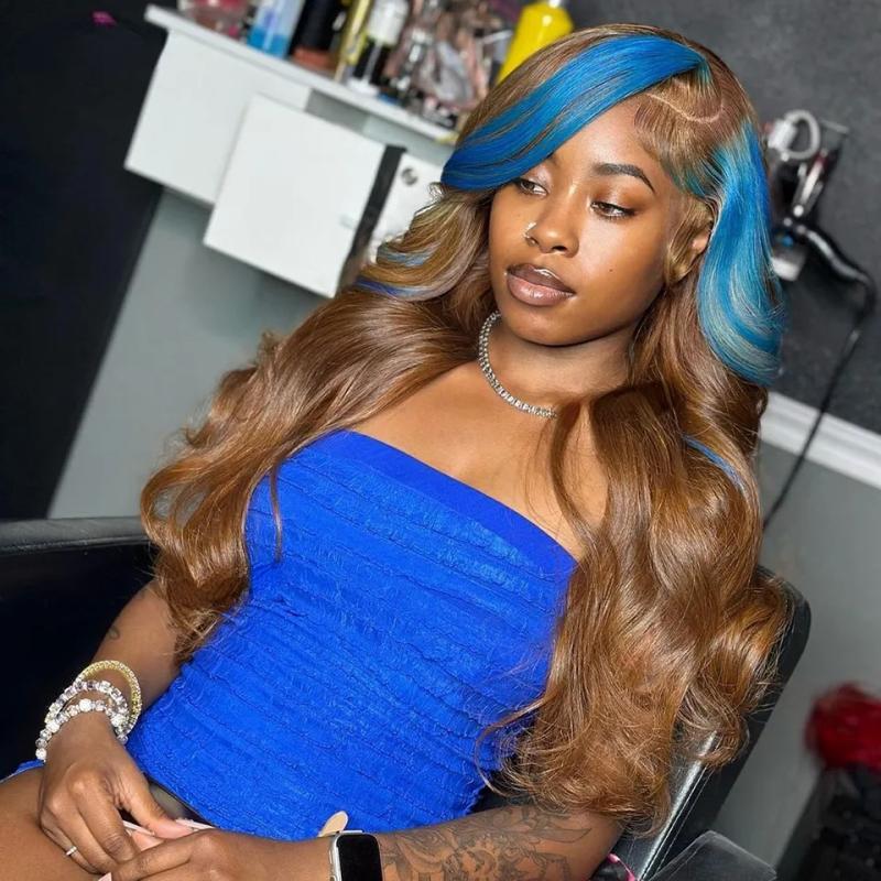 Hair Wigs | Brown With Blue Highlights Lace Front Wig Colored Straight Body Wave Human Hair Wigs For Women Pre Plucked Transparent Lace Wig Hair Wigs 613 Blonde Color